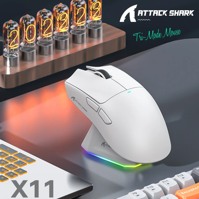 Attack Shark X11 무선 마우스, 트라이 모드 연결, PixArt PAW3311, 터치 자기 충전 베이스, 매크로 게임용 마우스