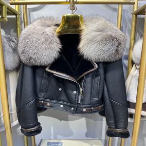 여성용 천연 여우 모피 칼라 진짜 메리노 양 모피 코트, 천연 가죽 재킷, 두껍고 따뜻한 럭셔리 여성 코트, 겨울 신상