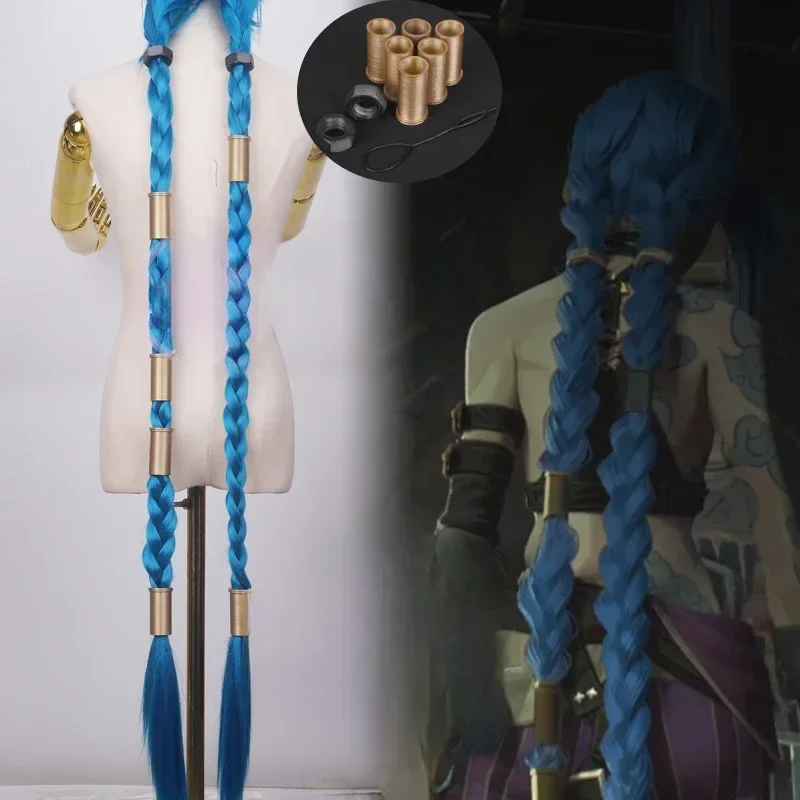LOL Jinx 수지 모자를 쓰고 있죠 코스프레 가발 블루 브레이드 Plaits 느슨한 대포 합성 머리 할로윈 파티 역할 놀이 가발