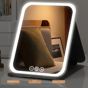 밝기 조절 가능 LED 메이크업 거울, USB 충전 접이식 거울, 탁상 화장대 거울, 3 색 조명 모드, 여행 및 가정용