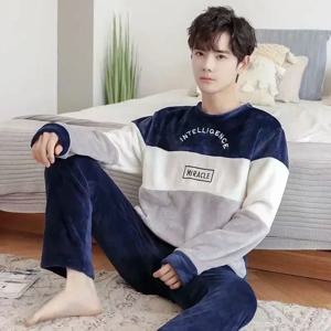 남성 겨울 따뜻한 플란넬 잠옷 세트 남성용 긴 소매 두꺼운 Homewear 산호 벨벳 귀여운 만화 잠옷 정장 잠옷 Homewear