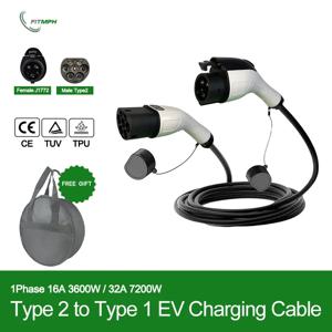 FITMPH 유형 2 - 유형 1 EV 및 PHEV 연장 코드용 EV 충전 케이블 공용 충전소 32A 7200W 휴대용 가방 포함