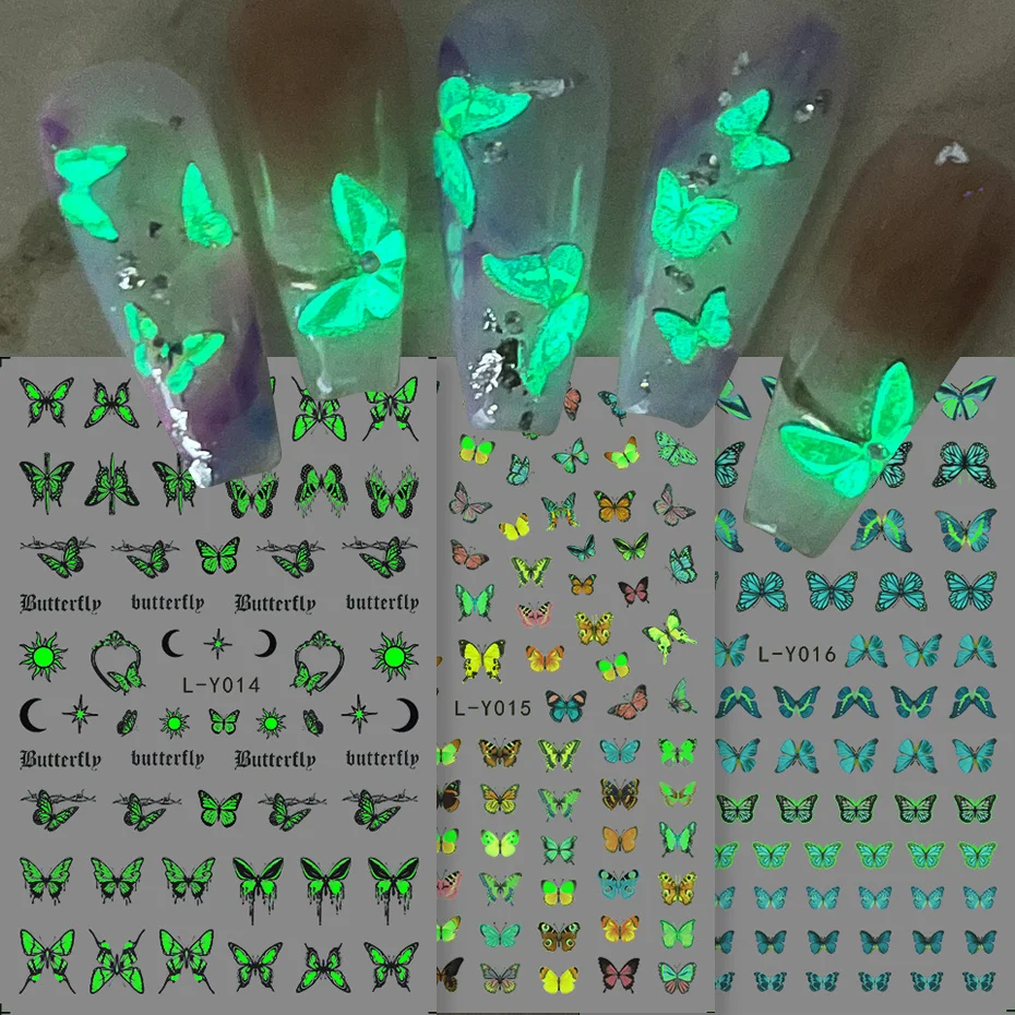 3pcs 빛나는 나비 네일 데칼 스티커 어두운 밤에 다채로운 블루 나비 시리즈 디자인 글로우 폴란드어 슬라이더 매니큐어
