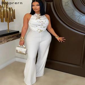 Beyprern Womens Beaded Fringed Palazzo 점프 슈트 오버올 여름 백 레스 피트 와이드 레그 점프 슈트 원피스 의상 Clubwear