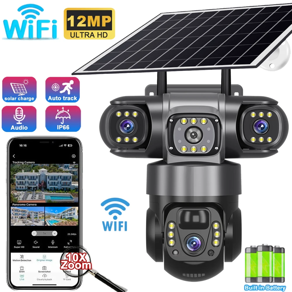 12MP HD 태양광 야외 카메라 3렌즈 3화면 10배줌 CCTV 야간 투시 IP66 방수 PIR 인체 감지 와이파이 보안 카메라