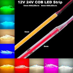 12V 24V COB LED 스트립 5mm/8mm PCB 400/480LED/m 홈 장식 LED 조명에 대 한 유연한 빨간색/녹색/파란색/핑크/아이스 블루/노란색 Led 스트립