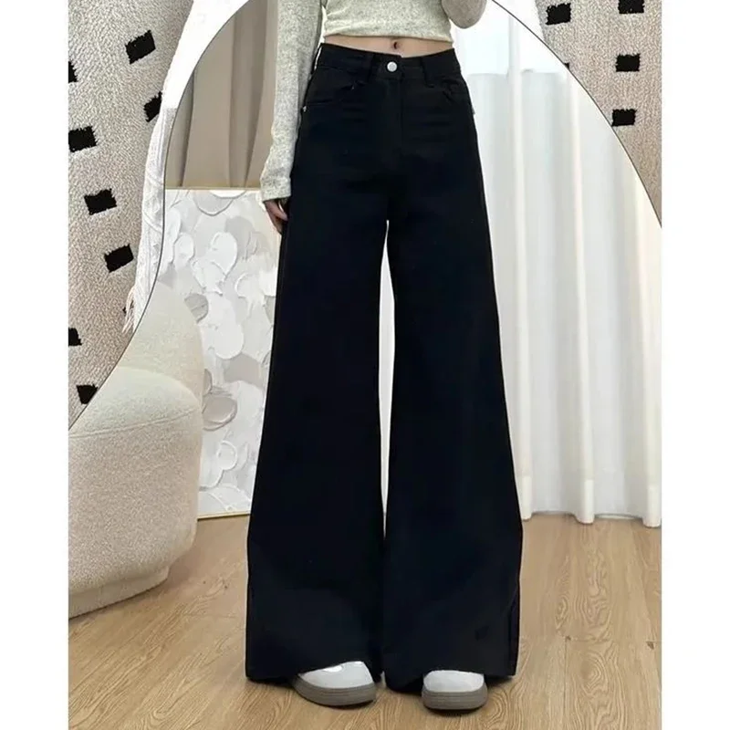 여성 블랙 하이 웨이스트 청바지 소녀 세련된 패션 스트레이트 레그 데님 바지 여성 얇은 루즈핏 캐주얼 데일리 바지