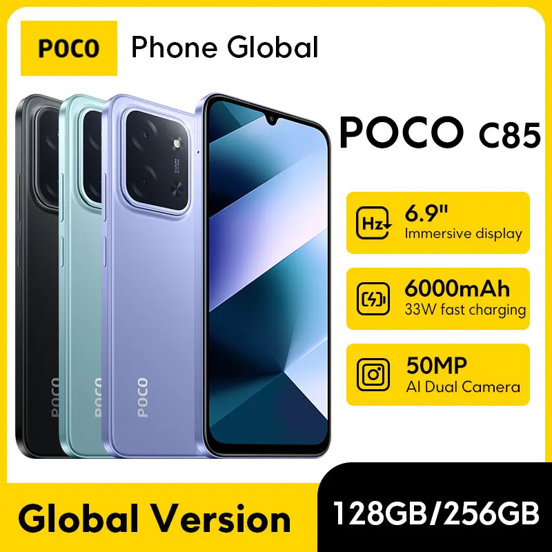 [월드 프리미어] POCO C85 글로벌 버전 스마트폰 128/256GB Helio G81-Ultra 6000mAh 배터리 6.9인치 디스플레이 50MP 카메라 33W NFC