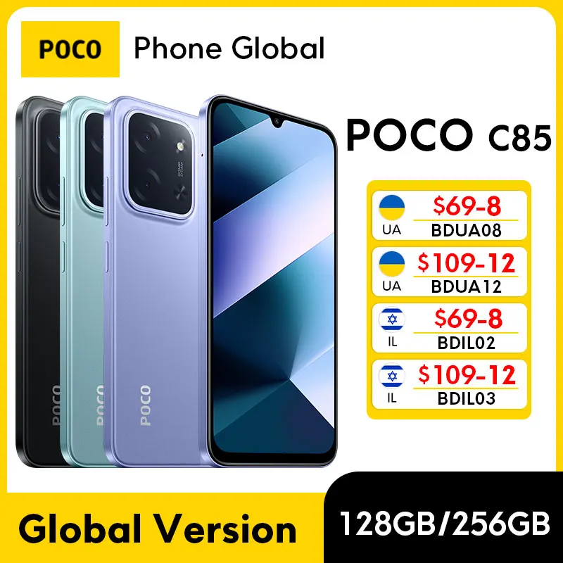 [월드 프리미어] POCO C85 글로벌 버전 스마트폰 128/256GB Helio G81-Ultra 6000mAh 배터리 6.9인치 디스플레이 50MP 카메라 33W NFC