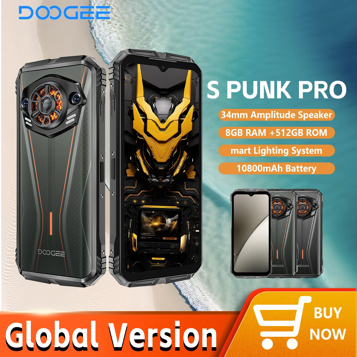 【브랜드+】글로벌 버전 DOOGEE S Punk Pro 러기드 폰 LED 라이트 효과 8GB RAM 512GB ROM 6.6인치 FHD+ 90Hz 10800mAh 배터리 NFC