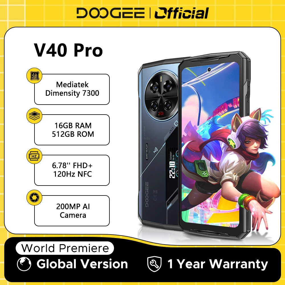 【브랜드+】세계 최초 공개 DOOGEE V40 Pro 5G 러기드 폰 6.78인치 16GB+512GB 디멘시티 7300 200MP AI 카메라 8680mAh 안드로이드 14
