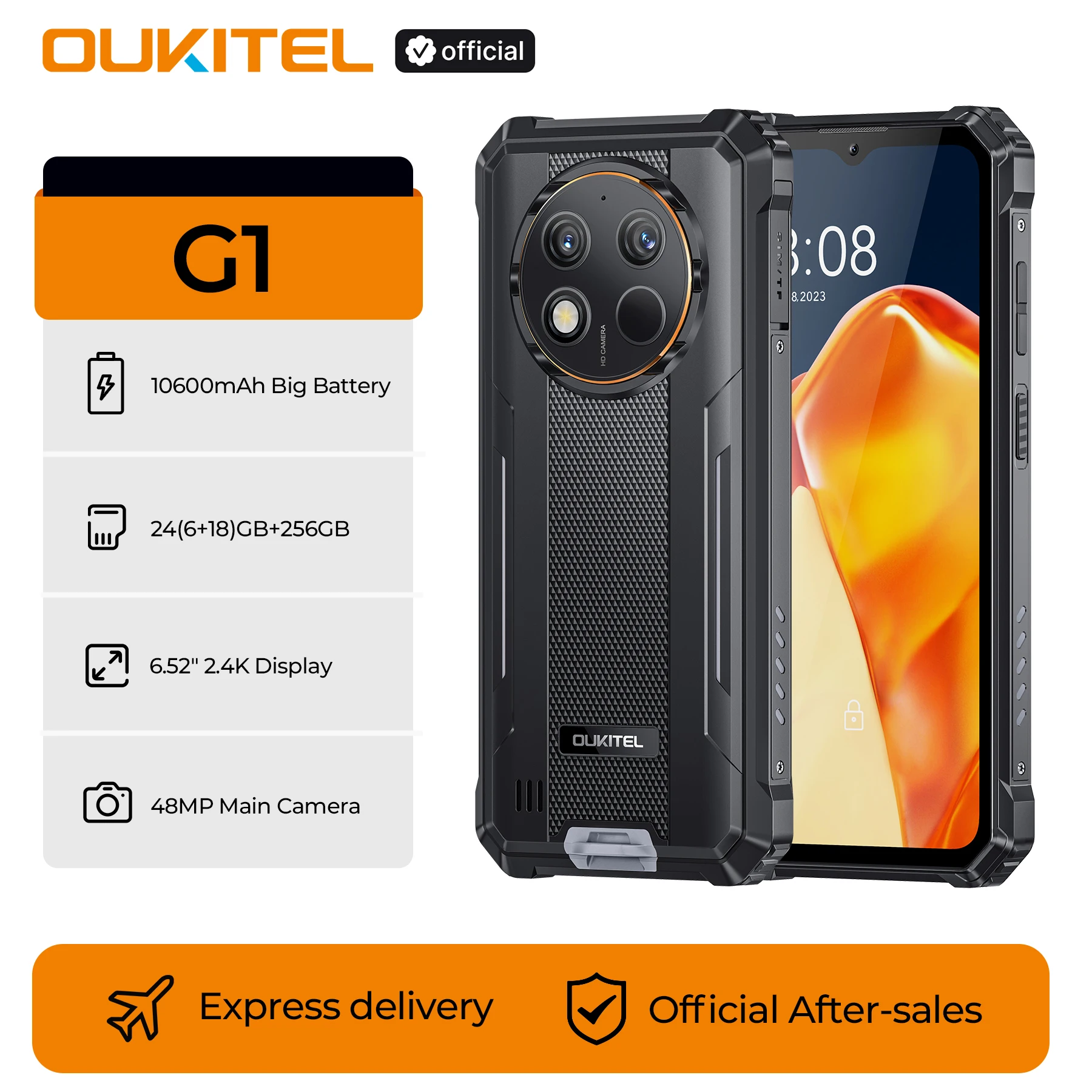 【브랜드+】OUKITEL G1 러기드 폰 -24(6+18)GB+256GB, 6.52인치 디스플레이, IP68 방수, NFC 스마트폰, 안드로이드 14, 48MP 카메라