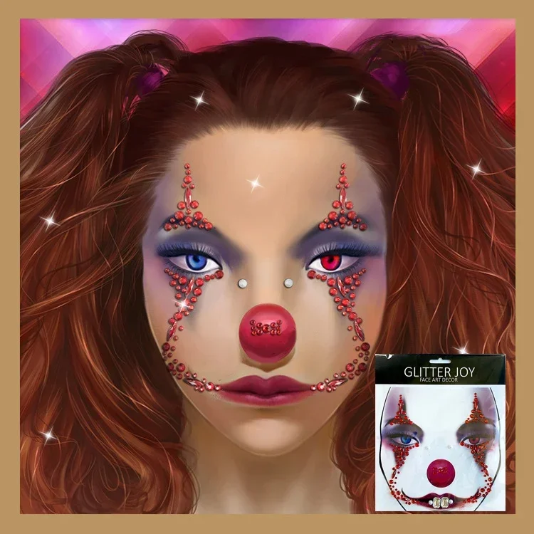 재미 있은 광대 할로윈 테러 Grimace 3D 크리스탈 스티커 코스프레 공포 얼굴 장식 아크릴 드릴 임시 문신 스티커