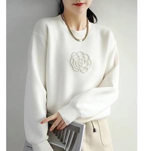 여성용 맨투맨 풀오버 상의, 입체 꽃 구슬 장식, 느슨한 긴팔, 캐주얼, 화이트, 블랙, 38901, 가을, 겨울, 2023