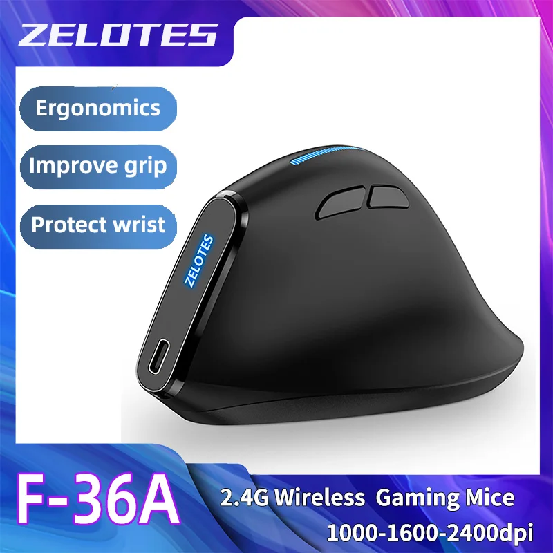 ZELOTES F36A 수직 휴대용 무선 마우스 2.4G 무선 충전식 노트북 마우스 6 버튼 광 마우스 3 레벨 DPI 마우스