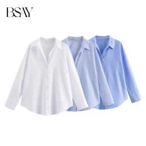BSAY 여성 패션 봄 코튼 옥스포드 긴 소매 싱글 브레스트 라펠 블라우스 스트리트 의류 셔츠 시크 여성 탑스 무헤르