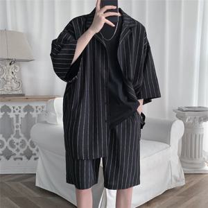 한국어 스타일 남자 Tracksuit 재킷과 반바지 2 Pcs 세트 여름 줄무늬 남성 스포츠 정장 대형 의류 정장 경량 5XL