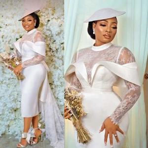 우아한 흰색 짧은 웨딩 드레스, 인어 레이스 긴 소매, 차 길이 새틴, 클래식 아프리카 여성 무도회 신부 파티 가운, 2024