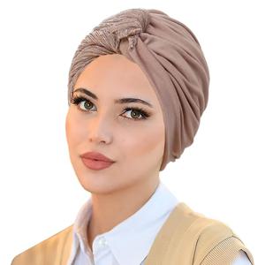 솔리드 컬러 여성 이슬람 Hijab 모자 랩 머리 인도 Turban 보닛 패션 머리 장식 이슬람 의류 액세서리