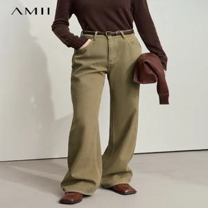 AMII 미니멀리스트 여성용 올리브 레트로 워싱 청바지, 복합 플리스 고민 2024, 여성 스트레이트 루즈 팬츠, 12444200 겨울 신상