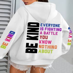 Be Kind 여성용 레터 프린트 겨울 플리스 따뜻한 후드 스트리트 포켓 루즈 스웻셔츠, 캐주얼 올매치 여성 의류