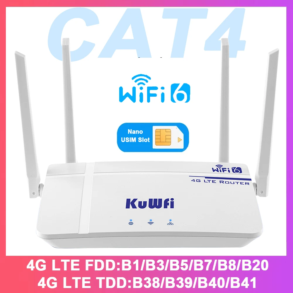 KuWFi 4G CAT4 LTE 라우터 300Mbps 무선 WiFi6 라우터 4G 모뎀 RJ45 포트 나노 USIM 슬롯 외부 안테나 지원 10 사용자