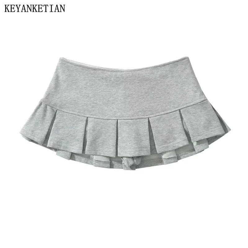 KEYANKETIAN 새로운 여성 테리 패브릭 로우 허리 Y2K 미니 스커트 와이드 플리츠 장식 라이트 그레이 Flounce A 라인 Skort Hot sweet