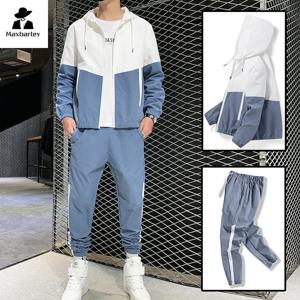 봄 가을 남성 스포츠웨어 세트 후드 컬러블록 캐주얼 재킷 + 바지 세트 남성 청소년 2피스 조거 스웨트셔츠 트랙수트