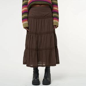 카와이 한국 여성 요정 그런지 스커트, 하라주쿠 레트로 몰 고스 의류, 하이 웨이스트 빈티지 다크 브라운 롱 플리츠 스커트, 미디 스커트
