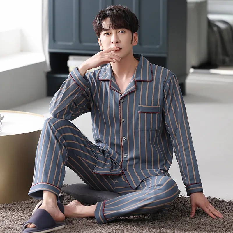코튼 남성 가을, 겨울 긴팔 긴 바지 중년 얇은 섹션 잠옷 잠옷 홈웨어 정장 라운지웨어