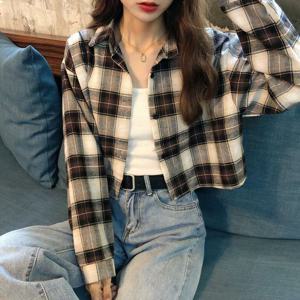 루즈핏 체크 셔츠 여성용 한국 스타일 긴팔 학생 숏 코트 오픈 가디건 봄 가을 패션 신상품
