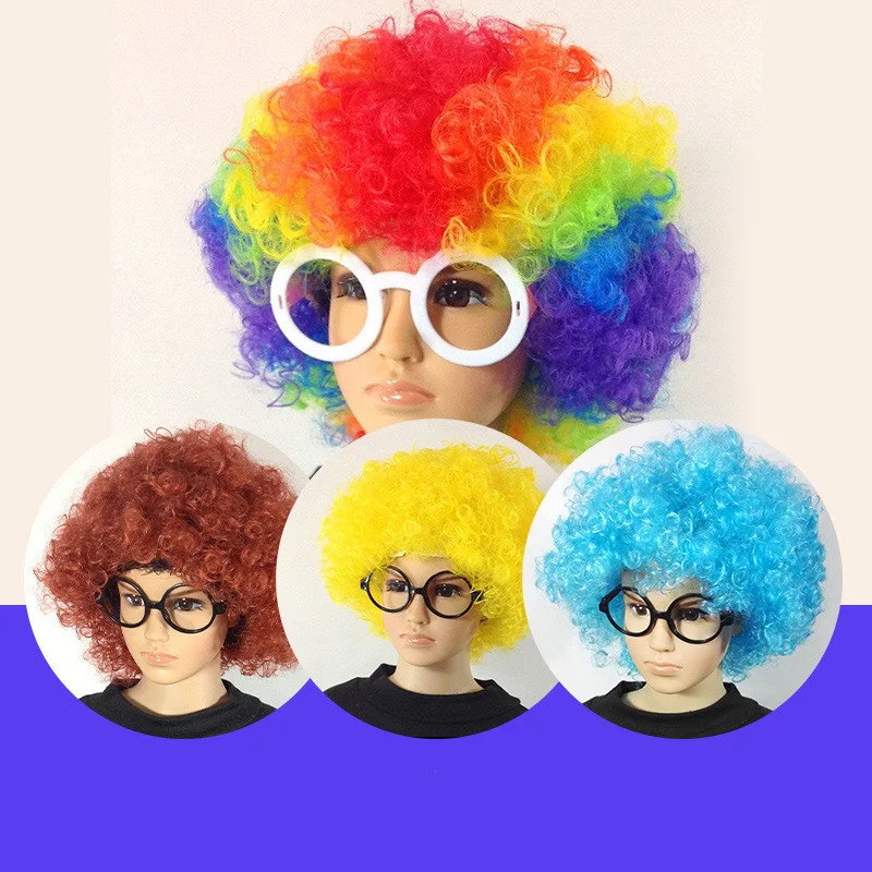재미 있은 광대 코스프레 유치원 아기 가발 머리 확장 합성 색상 푹신한 곱슬 머리 커버 성능 키즈 가발 모자