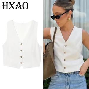 HXAO 여성용 크롭 화이트 베스트 여름 2025 버튼 업 v 넥 백리스 양복 조끼 겉옷 우아한 컷 아웃 민소매 조끼 Giletes