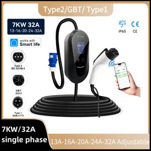 7KW 타입2 휴대용 전기차 충전기 32A 타입1 J1772 전기차 충전기 GB/T EVSE 고속 충전 케이블 3.5M 앱 제어 포함