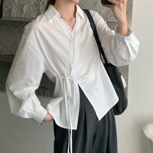 프랑스어 레트로 레이스 패치 워크 v 넥 셔츠 여성 패션 불규칙한 붕대 긴 소매 셔츠 여성 한국어 디자인 화이트 블라우스