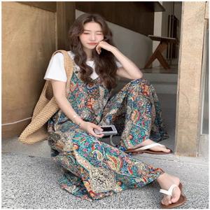 2025년 여름 신상 레트로 일본 스타일 보헤미안 프린트 캐주얼 다용도 인기 원피스 팬츠 여성 하이웨이스트 롱 팬츠 폴리에스터 섬유