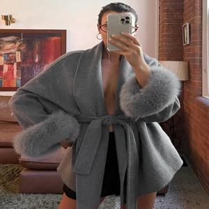 Trendix 폭스 모피 모직 여성 2025 가을 코트 패션 패치 워크 양면 울 오버 코트 통근자 새로운 우아한 오피스 자켓