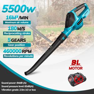 무선 송풍기 5500W 브러시리스 전기 에어 블로워 2 in 1 5단계 스노우 클리너 파워 툴 (마키타 18V 배터리 핀용)