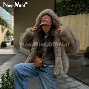 네오 민트 독점 여성 겨울 후드 인조 모피 코트 시크 스트리트 패션 소녀용 폭신한 여우털 재킷 두꺼운 따뜻한 샤기 오버코트