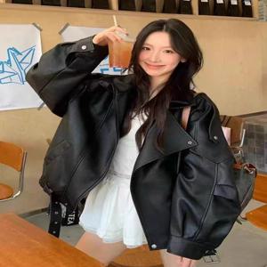 멋진 가죽 재킷 여성용 숏 아우터웨어 2025 가을 패션 트렌드 루즈핏 긴 소매 지퍼 클로저 비즈니스 캐주얼 스타일