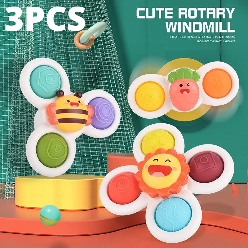 3Pcs 흡입 컵 아기 게임에 대 한 회전 탑 장난감 유아 Teether 릴리프 스트레스 교육 회전 딸랑이 목욕 장난감 어린이위한