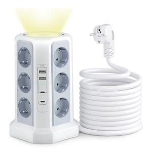 서지 보호기 멀티 소켓, 4000W, 16A, USB A 2개 및 USB C 포트 2개, 2m 연장 케이블, 야간 조명이 있는 회색 모델