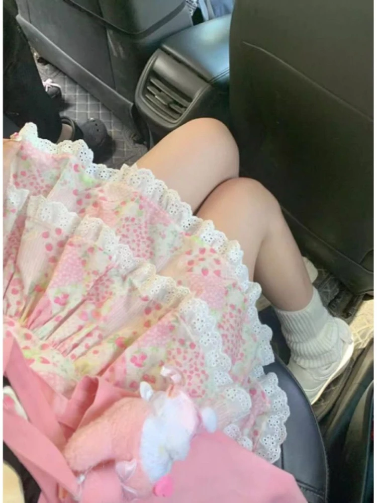 일본 카와이 스커트 여성 2000년대 빈티지 Y2k 의류 핑크 a 라인 슬림 로리타 미니 스커트 스위트 하이 웨이스트 레이스 의상 여름