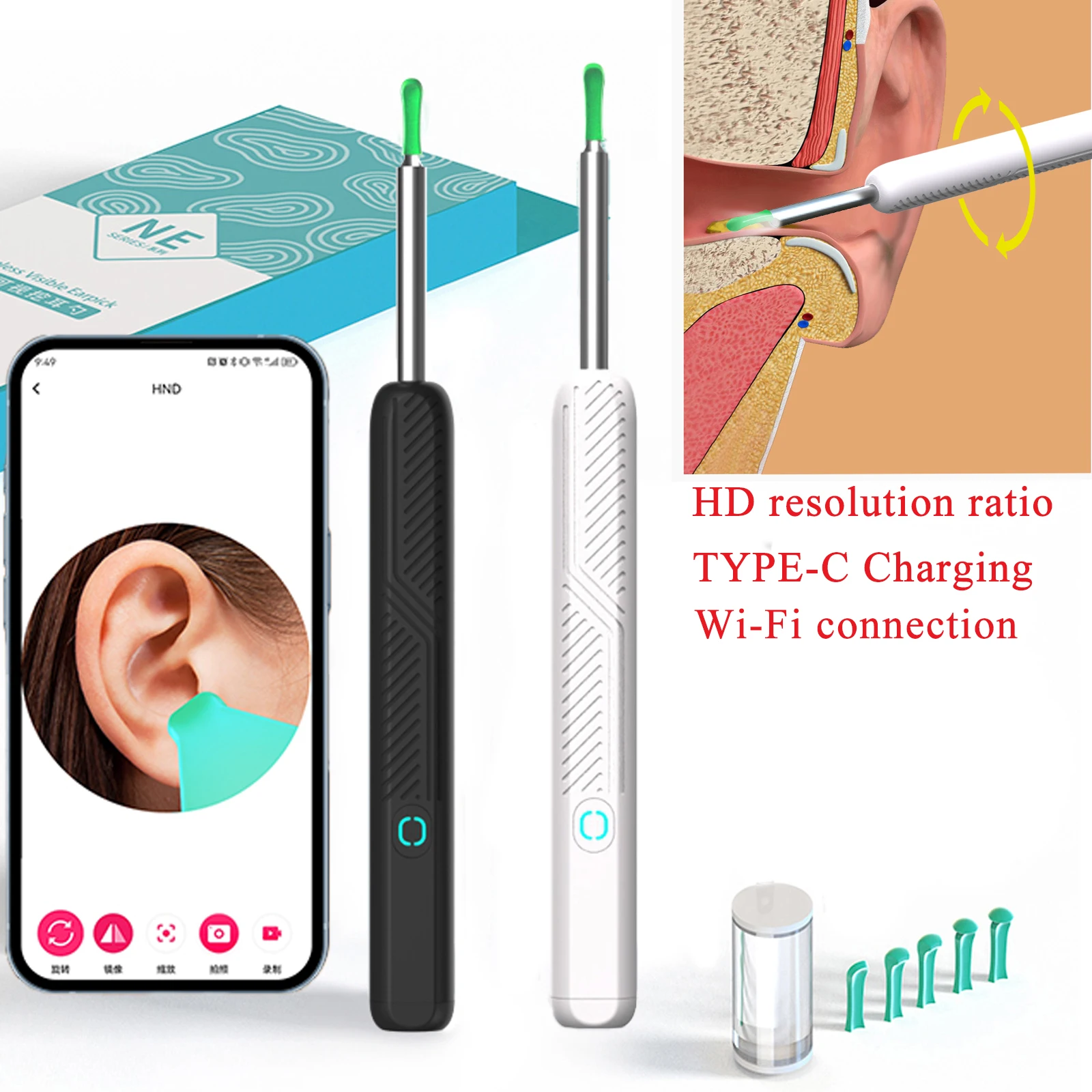무선 WiFi 귀 청소기, HD 카메라 LED 내시경 포함, 귀지 제거용, USB-C 충전식 스마트 비주얼 귀이개 및 내시경