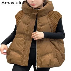 Amax luluE 패션 여성 겨울 니트 디자인 오리 다운 후드 조끼 숙녀 레저 느슨한 따뜻한 민소매 코트 스노우 조끼