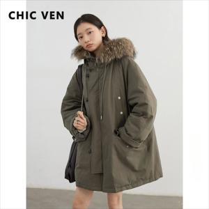 CHIC VEN 여성용 다운 코트, 루즈 캐주얼 90 화이트 덕 다운 작업복 다운 재킷, 후드 여성 오버코트, 가을 겨울 2024