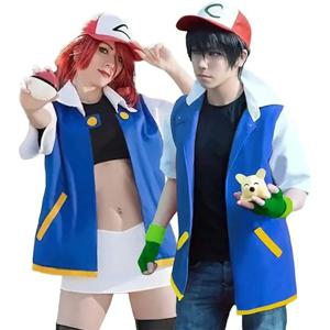 남자 애니메이션 트레이너 코스프레 의상 소년 Ash Ketchum 성인용 할로윈 여성 Disfraz 파티 블루 자켓 모자와 장갑 세트