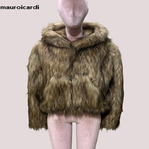 Mauroicardi 용수철 겨울 짧은 두껍고 따뜻한 털, 얽힌 인조 여우 모피 코트, 후드 포함, 럭셔리 디자이너 의류, 푹신한 재킷