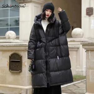 Schinteon 여성용 화이트 덕 다운 재킷, 후드 포함, 따뜻한 롱 아우터, 오버 사이즈 루즈 코트, 가을 겨울, 2025 신상