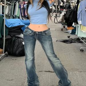 여성용 빈티지 스트리트웨어 로우 라이즈 플레어 청바지, Gyaru Harajuku Trashy Y2K 데님 바지, 2000 년대 슬림 바지